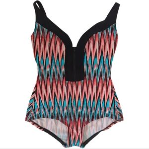 Gabar One Piece Padded Swimsuit 10 Black Multicolor Pattern Retro